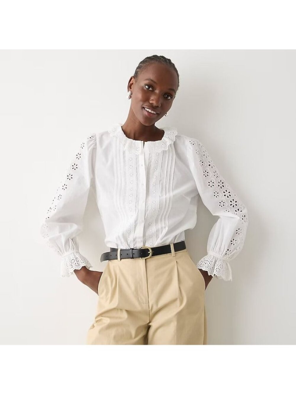 J.Crew White Eyelet Ruffle Lace Collar Victorian Y2K Blouse Button L/S Women M